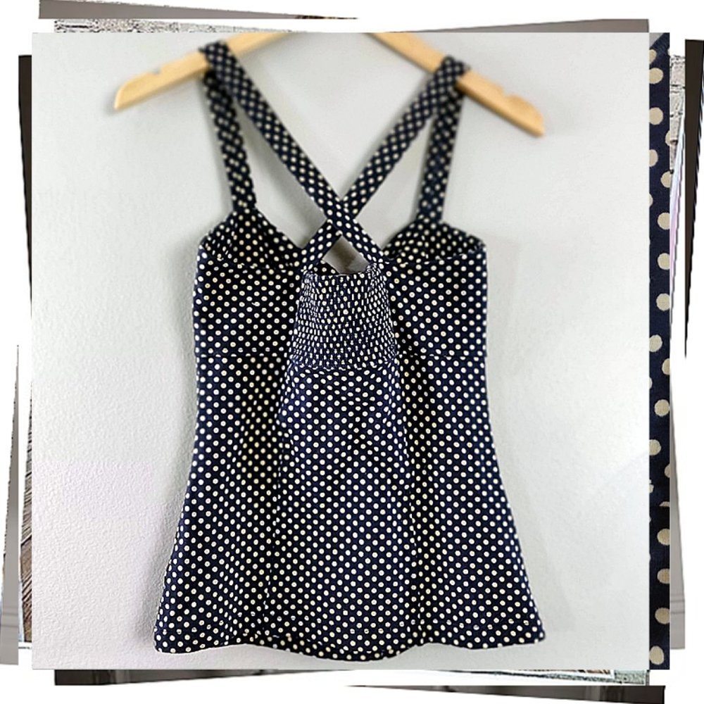 NWOT: Retro Blue & Creamy White Polka Dot Top w/ Fabric Knot at Front (S) - Picture 7 of 9